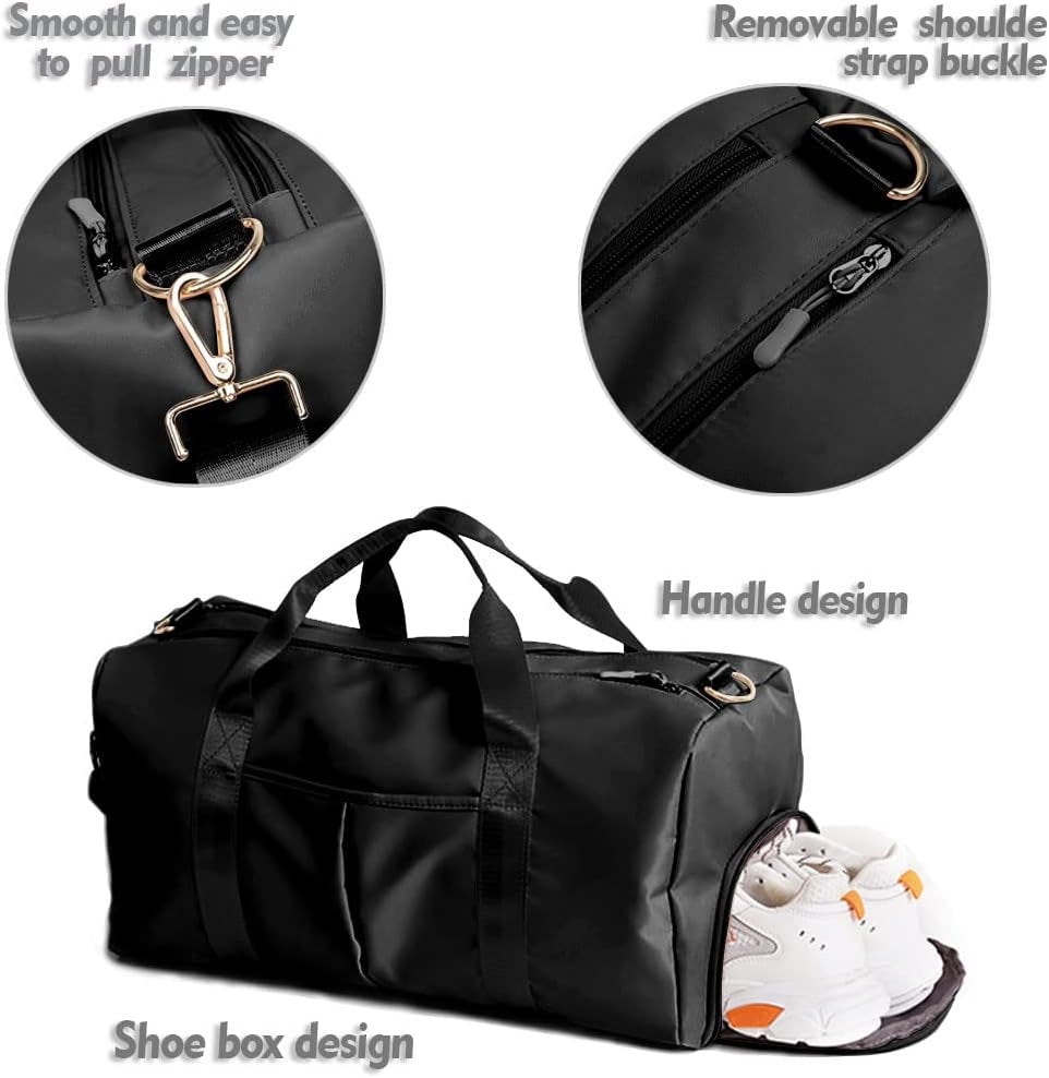 Small Gym Bag for Women and Men, Workout Bag for Sports and Weekend Getaway, Waterproof Dufflebag with Shoe and Wet Clothes Compartments, Black