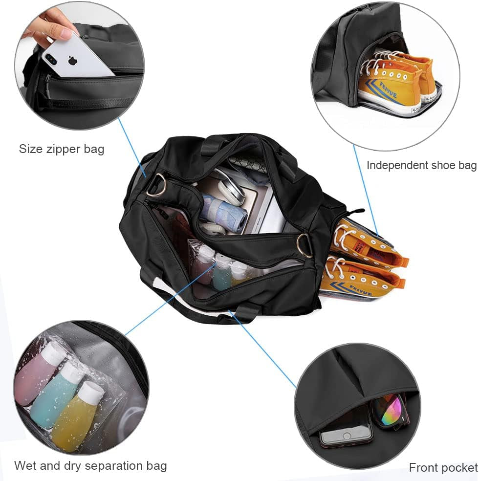Small Gym Bag for Women and Men, Workout Bag for Sports and Weekend Getaway, Waterproof Dufflebag with Shoe and Wet Clothes Compartments, Black