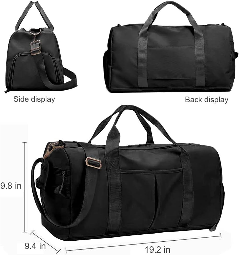 Small Gym Bag for Women and Men, Workout Bag for Sports and Weekend Getaway, Waterproof Dufflebag with Shoe and Wet Clothes Compartments, Black